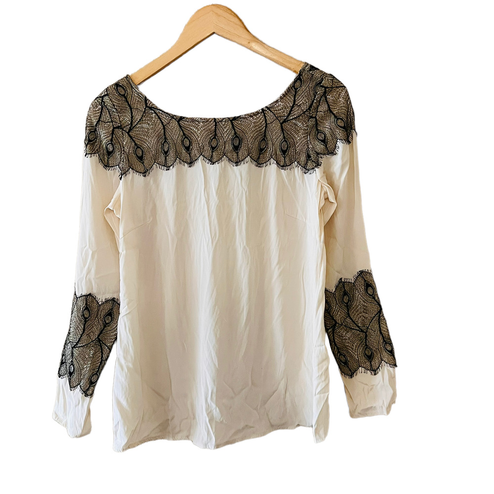 JayGodffrey Lace Detail Long Sleeves Top Size 6 Cream Black - Picture 1 of 7